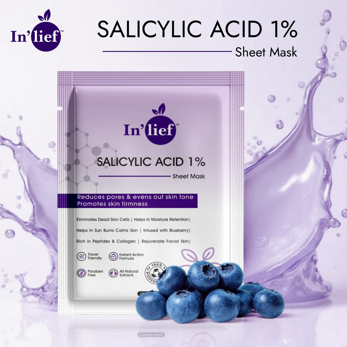 In'Lief Salicylic Sheet Mask - 25ml | Rich in Peptides & Collagen | Infused with Blueberry