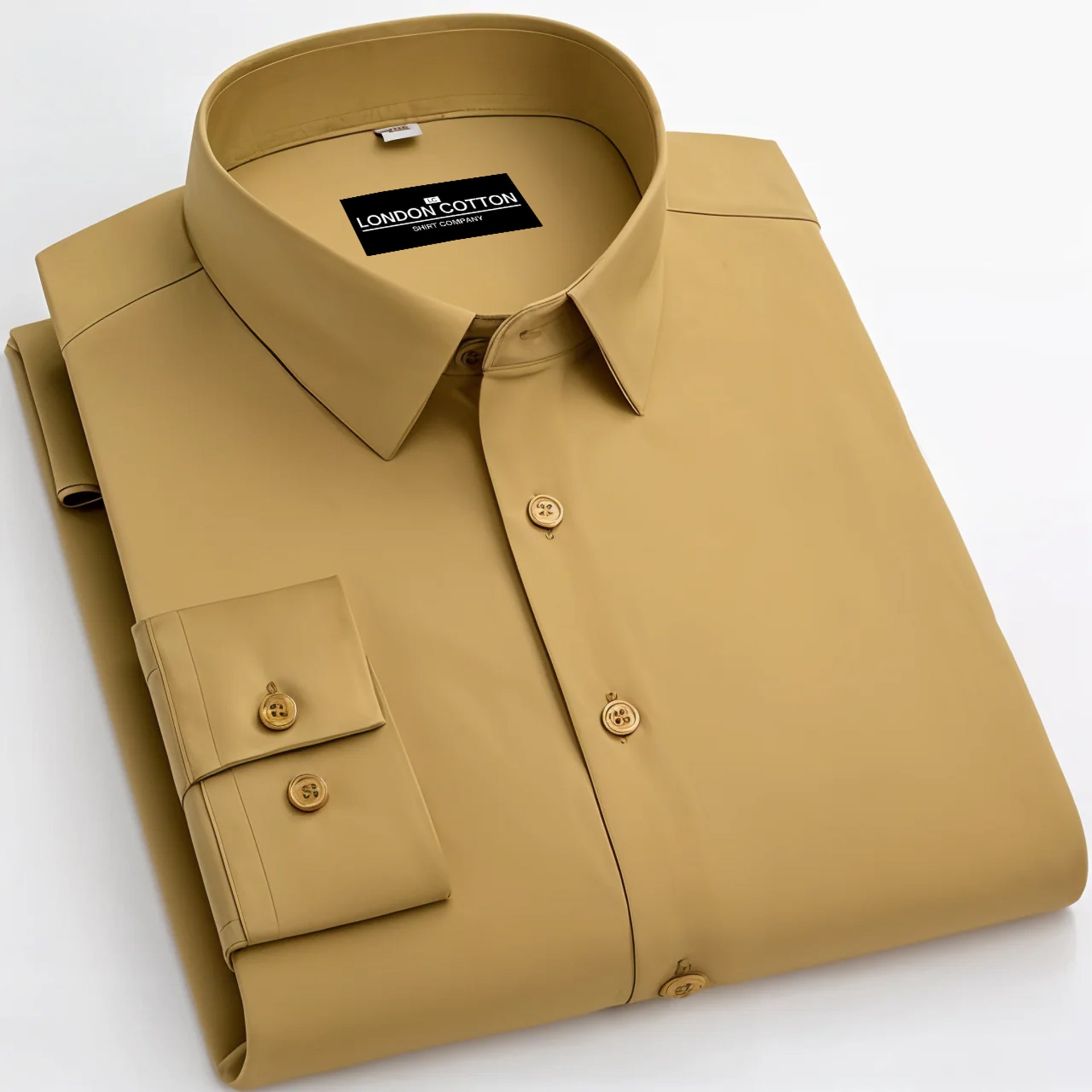 Folded beige shirt with 'London Cotton' label on a white background