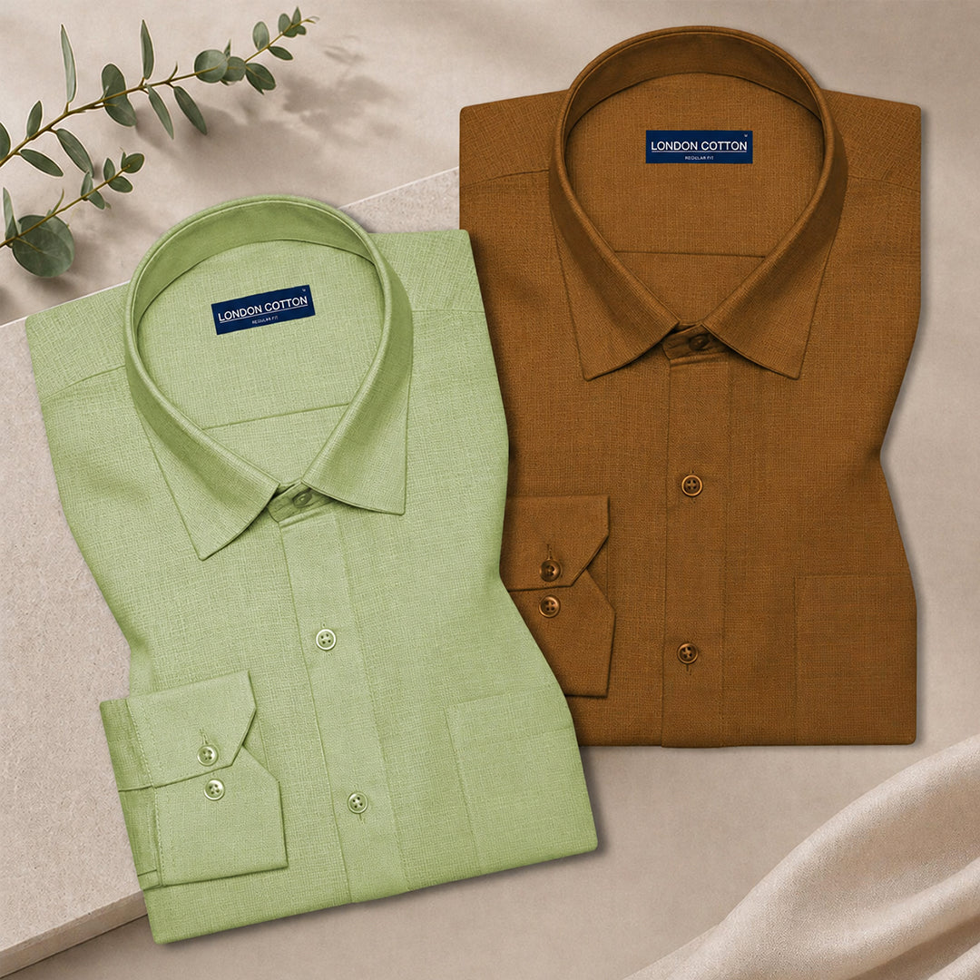 Pack of 2 Textured Linen Shirts (Sage & Mehendi)