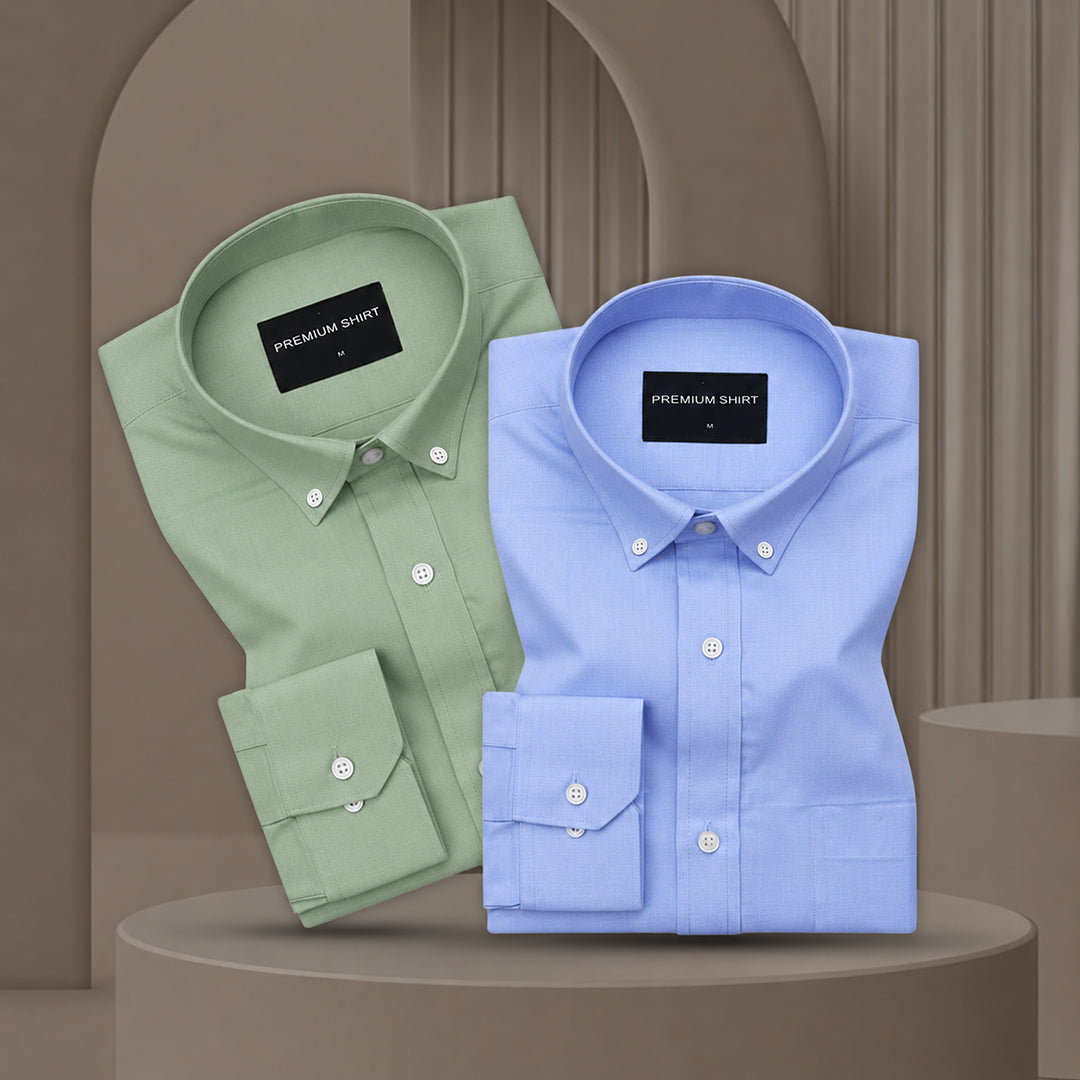 Pack of 2 Oxford Cotton Shirt For Men (Sea Green & Denim Blue)