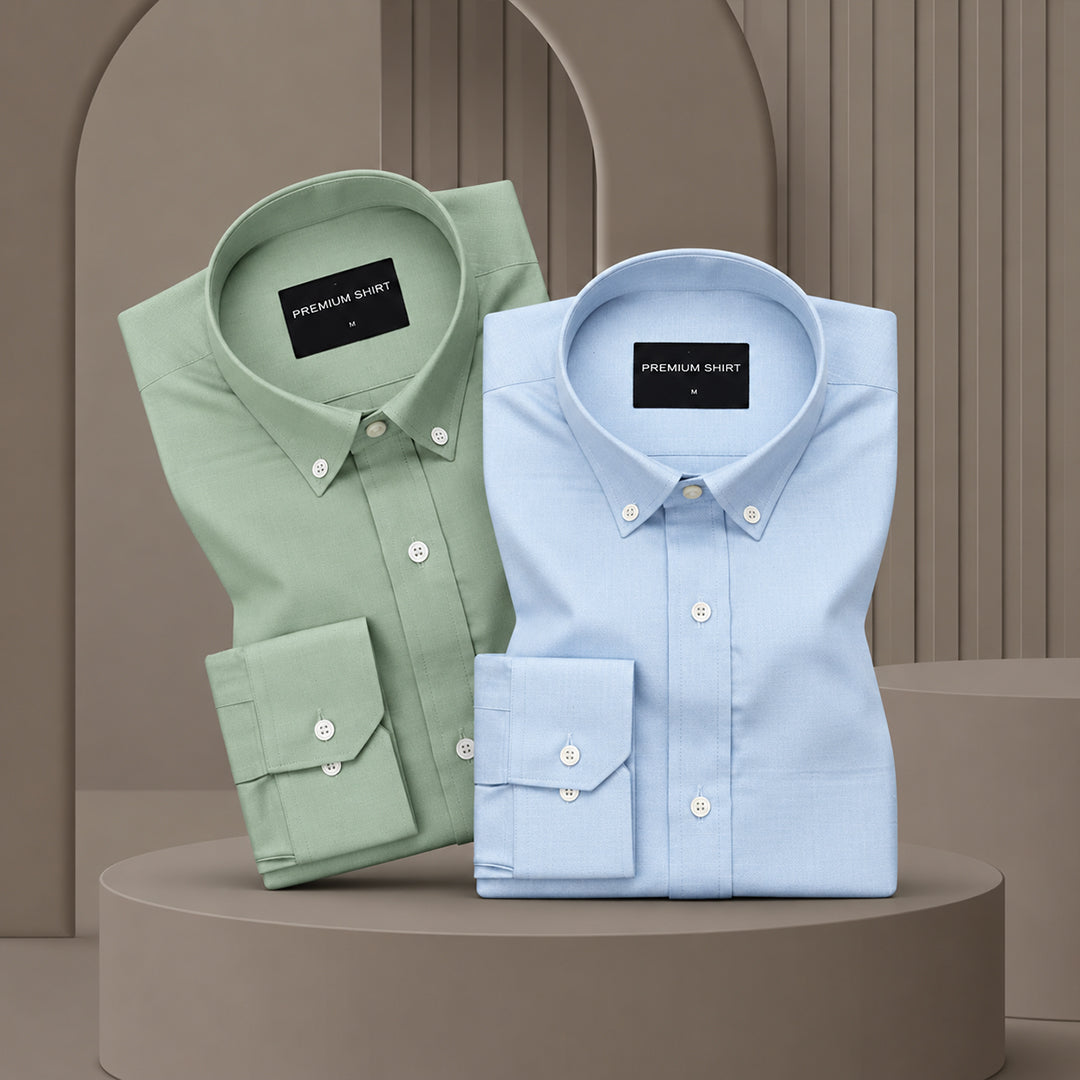 Pack of 2 Oxford Cotton Shirt For Men (Sea Green & Sky Blue)