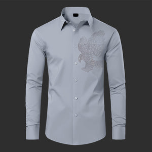 Gray dress shirt with an eagle emblem on a black background