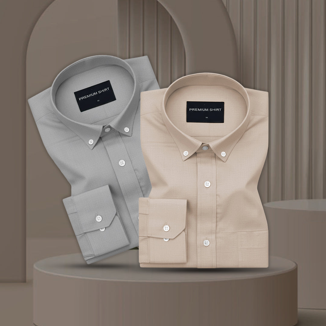 Pack of 2 Oxford Cotton Shirt For Men (Silver & Beige)