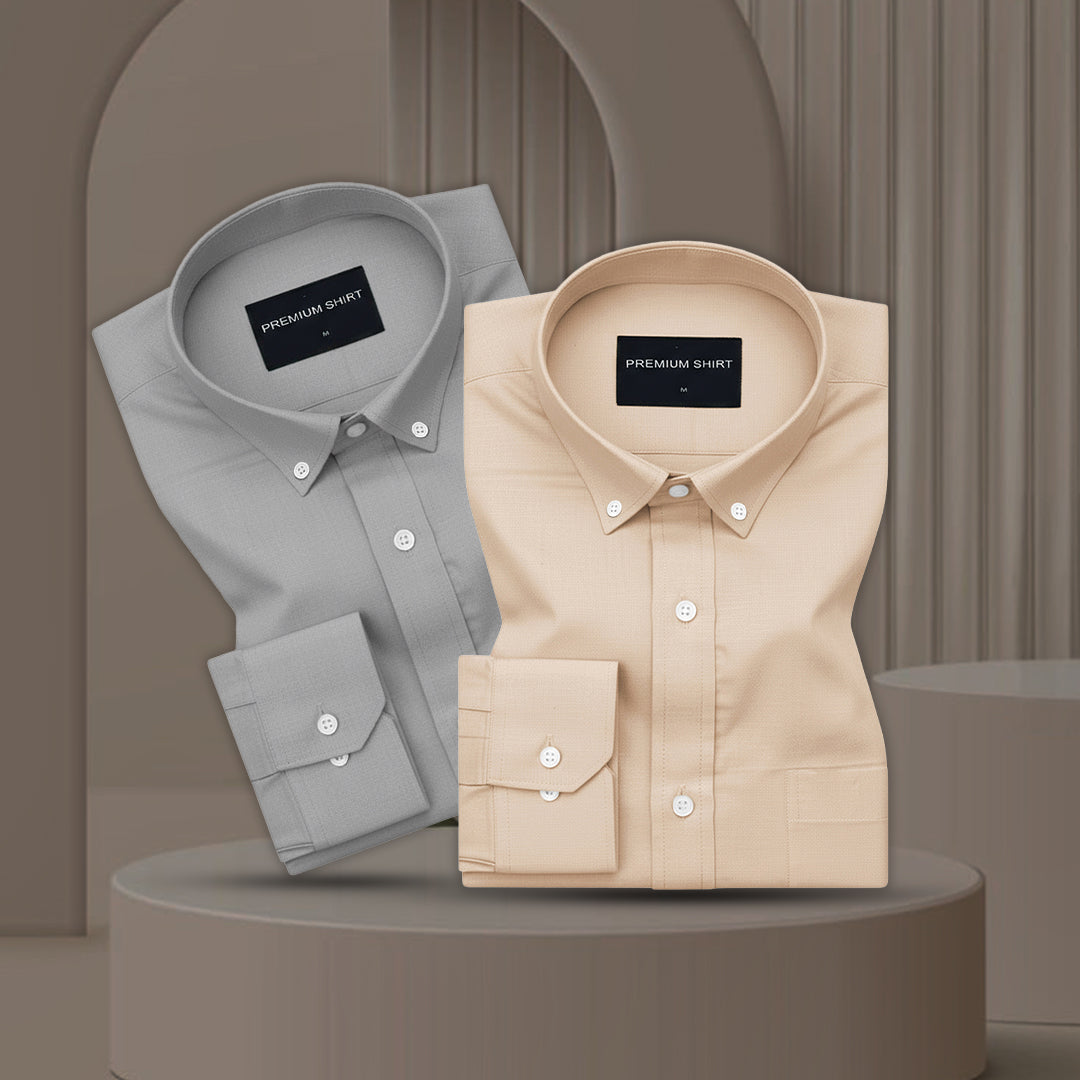 Pack of 2 Oxford Cotton Shirt For Men (Silver & Cream)