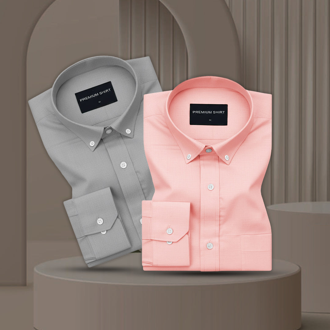 Pack of 2 Oxford Cotton Shirt For Men (Silver & Peach)
