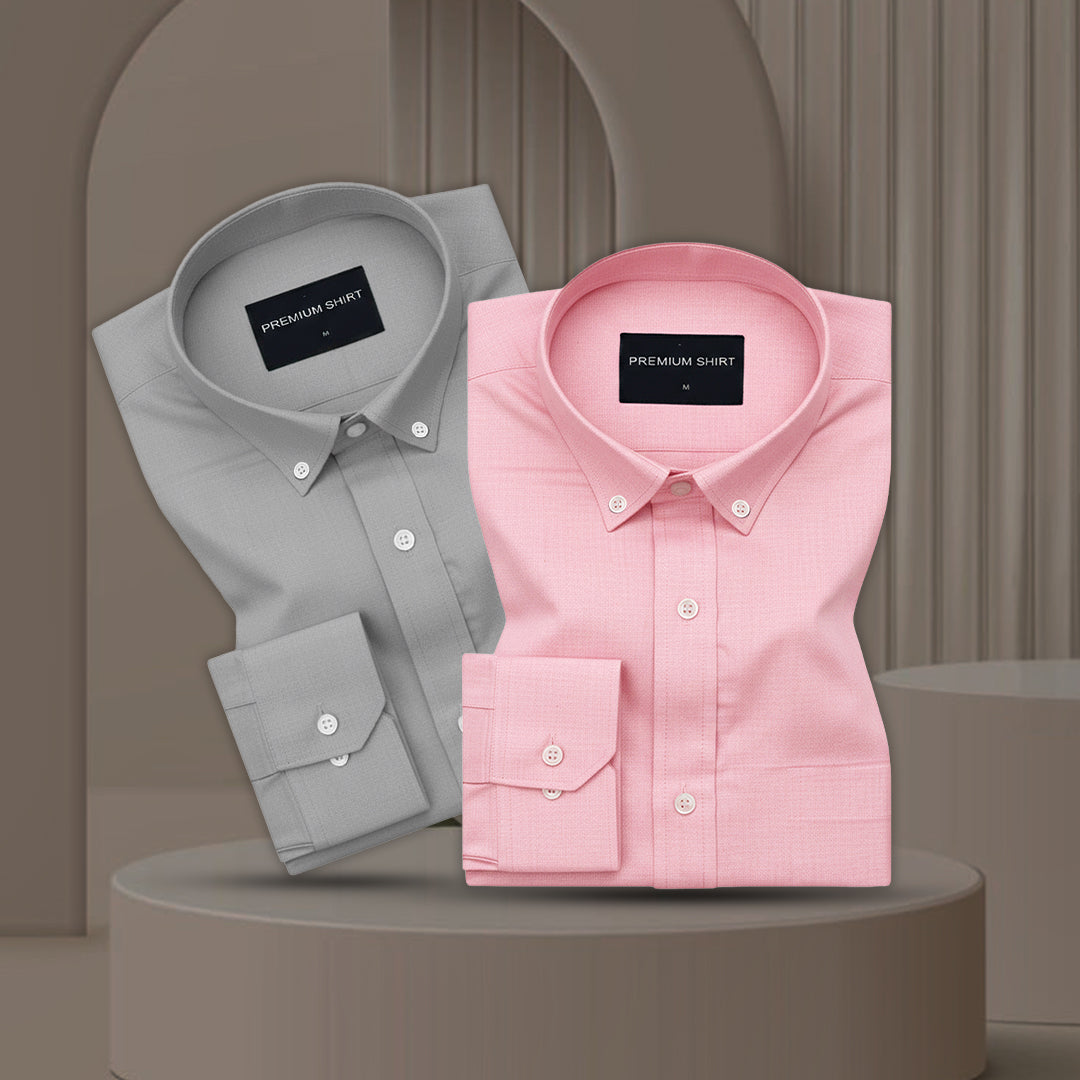Pack of 2 Oxford Cotton Shirt For Men (Silver & Pink)