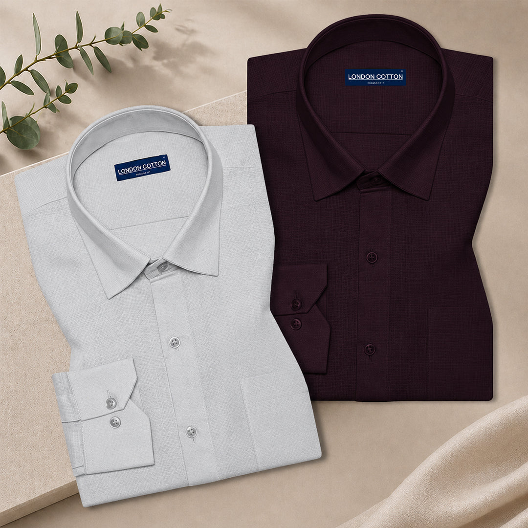 Pack of 2 Textured Linen Shirts (Silver & Wine)
