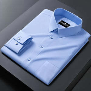 Light blue dress shirt with a brand label on a dark surface