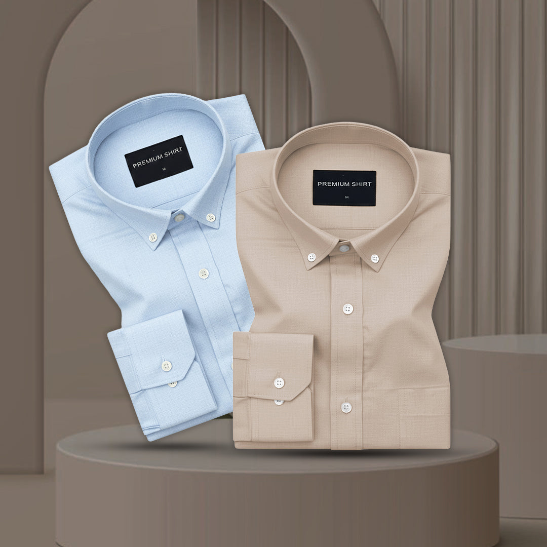 Pack of 2 Oxford Cotton Shirt For Men (Sky Blue & Beige)