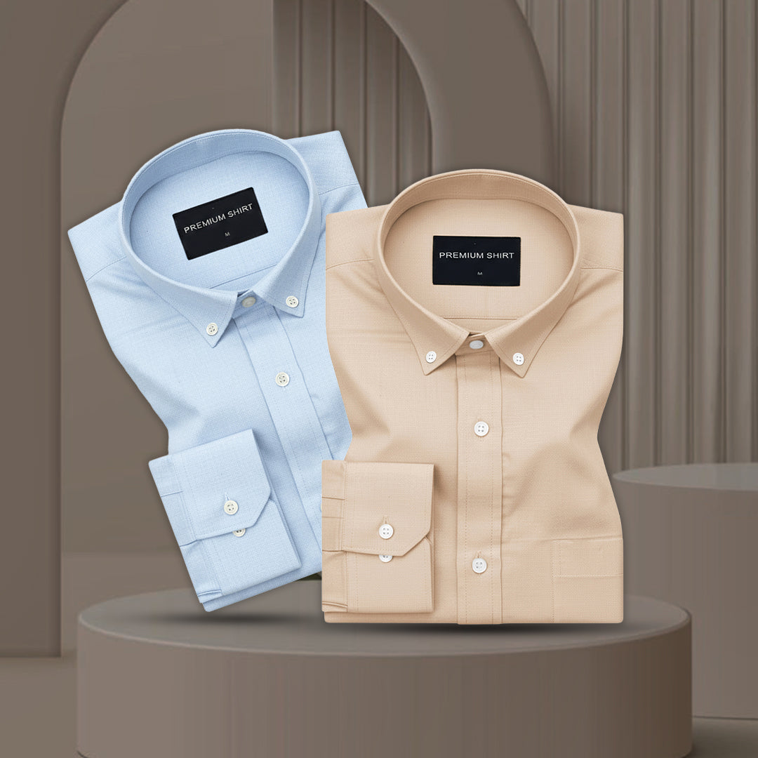Pack of 2 Oxford Cotton Shirt For Men (Sky Blue & Cream)