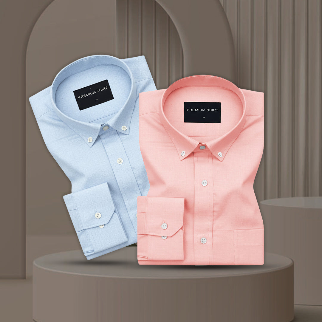 Pack of 2 Oxford Cotton Shirt For Men (Sky Blue & Peach)