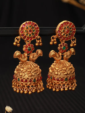 Gold-Toned Red & Green Peacock Shaped Jhumkas Earrings - Jazzandsizzle