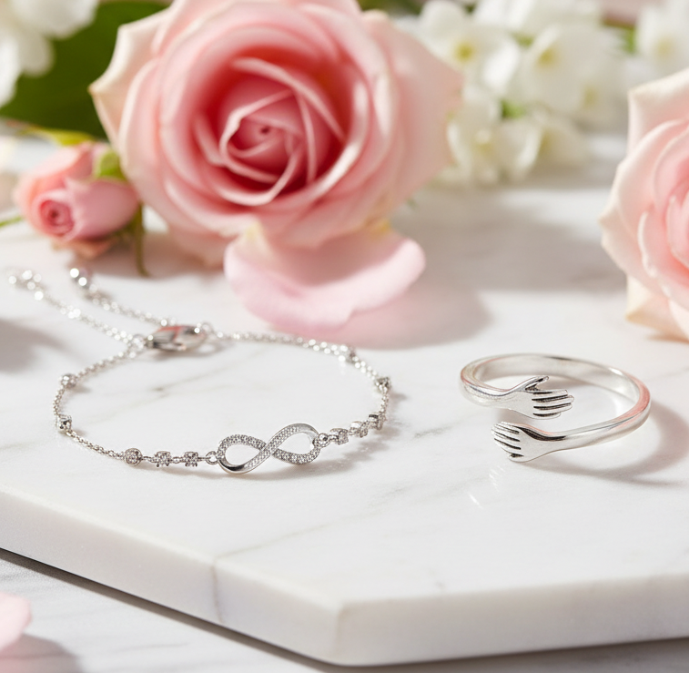 Silver Plated CZ Studded Infinity Adjustable Bracelet and Hug Ring Combo