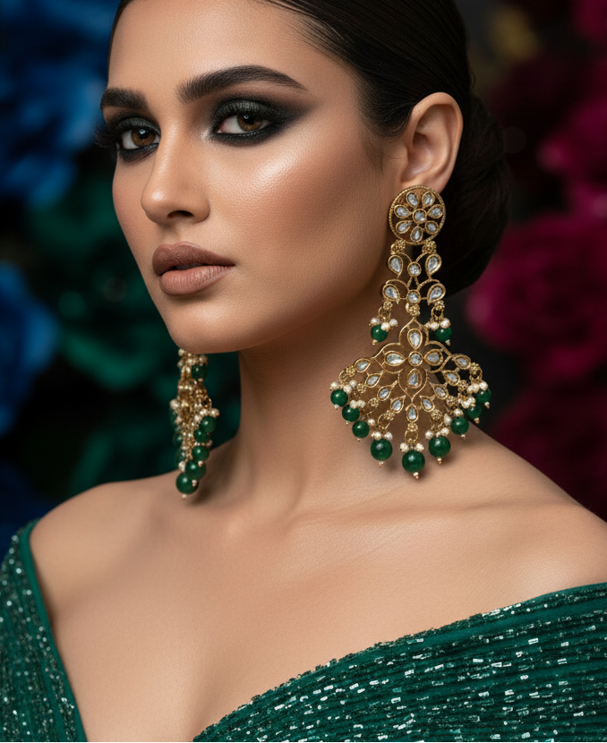Jazz and Sizzle Gold-Plated Traditional Kundan & Green Bead Chandbali Dangler Earrings for Women
