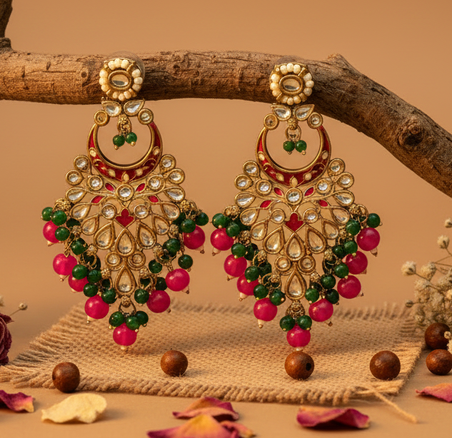 Jazz and Sizzle Gold-Plated Kundan Chandbali Earrings with Pink & Green Meenakari Bead Accentsl