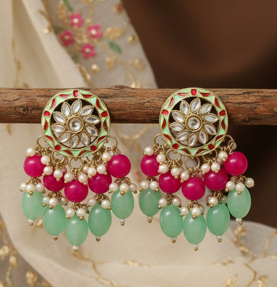 Jazz and Sizzle Mint Green & Rani Pink Meenakari Kundan Dangler Earrings with Bead Drops - Traditional Ethnic Jewelry for Women