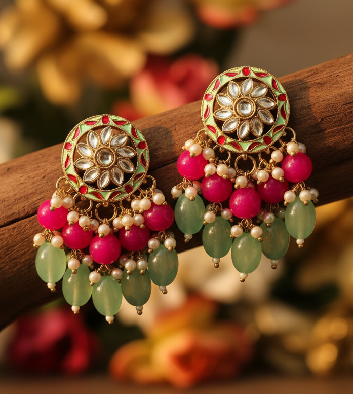 Jazz and Sizzle Mint Green & Rani Pink Meenakari Kundan Dangler Earrings with Bead Drops - Traditional Ethnic Jewelry for Women