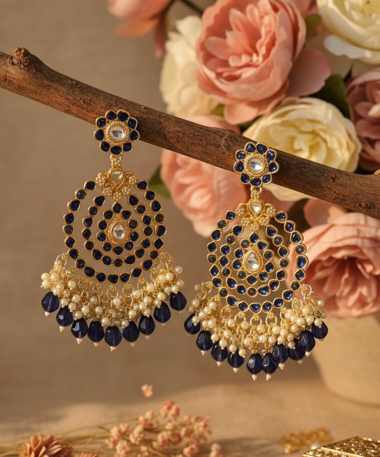 Jazz and Sizzle Gold Plated Traditional Blue Kundan &amp; Pearl Beaded Chandbali Ethnic Dangler Earrings for Women