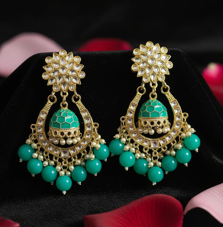 Jazz and Sizzle Gold Plated & Pearl Beaded Minakari Jhumka Chandbali Earrings