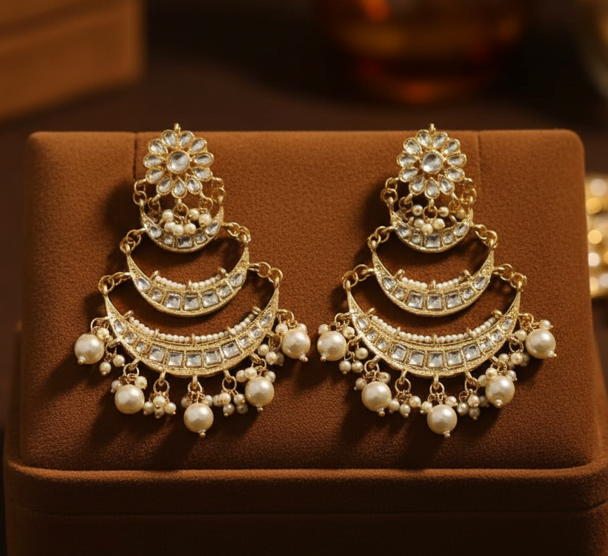 Jazz and Sizzle Gold Plated 3 Layers Long Traditional Look Golden Kundan Studded & Pearls Beaded Chandbali Earrings
