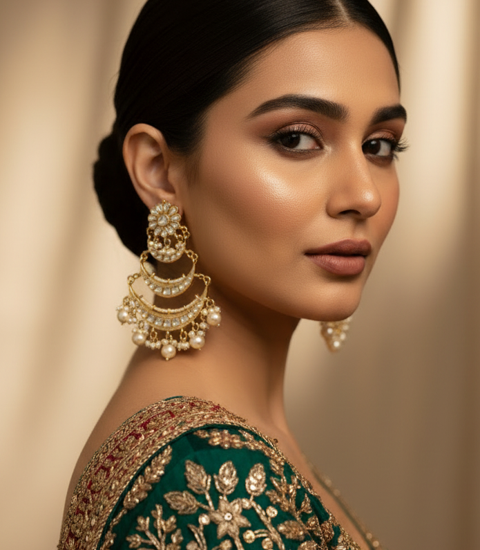 Jazz and Sizzle Gold Plated 3 Layers Long Traditional Look Golden Kundan Studded & Pearls Beaded Chandbali Earrings
