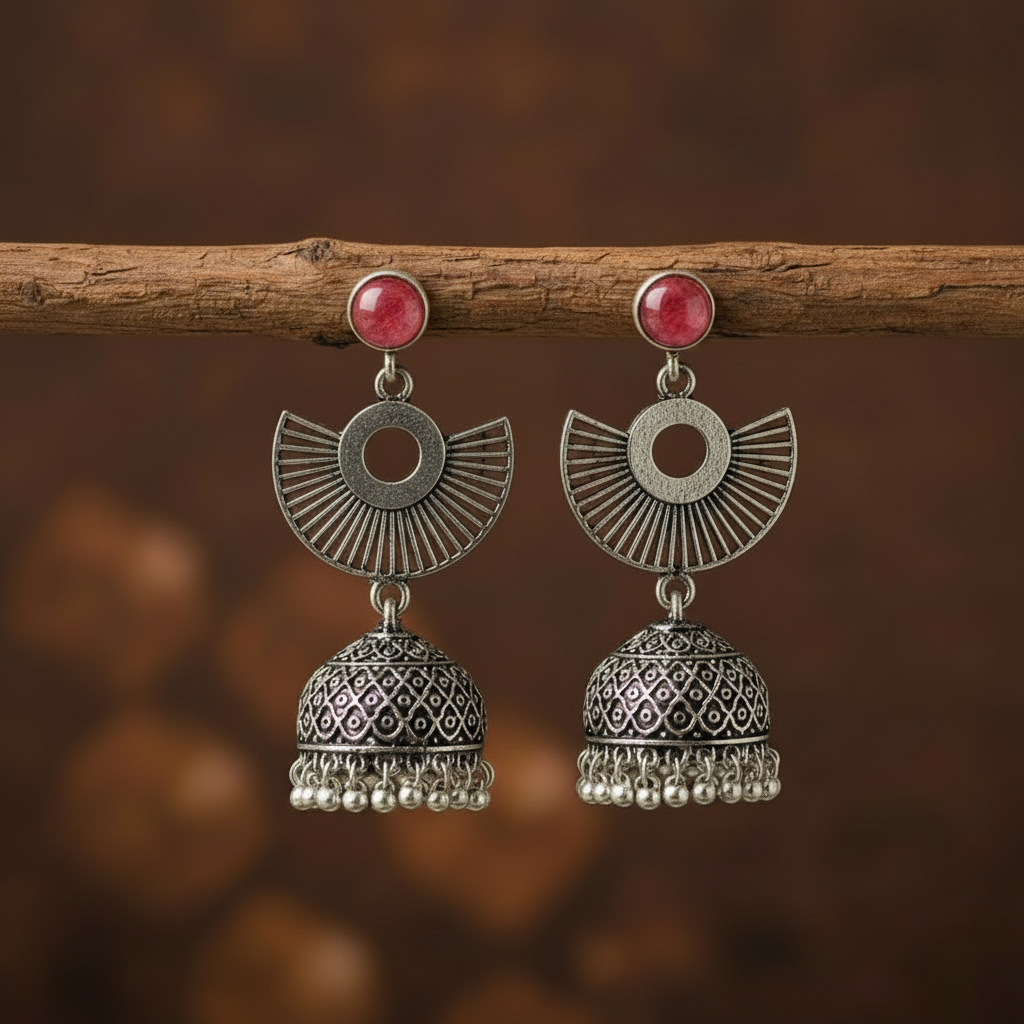 Jazz and Sizzle Moody Glamour Oxidised Silver Jhumka Earrings