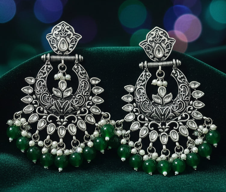Jazz and Sizzle Pair Of Silver And Green Beaded Oxidized Chandbali Earrings