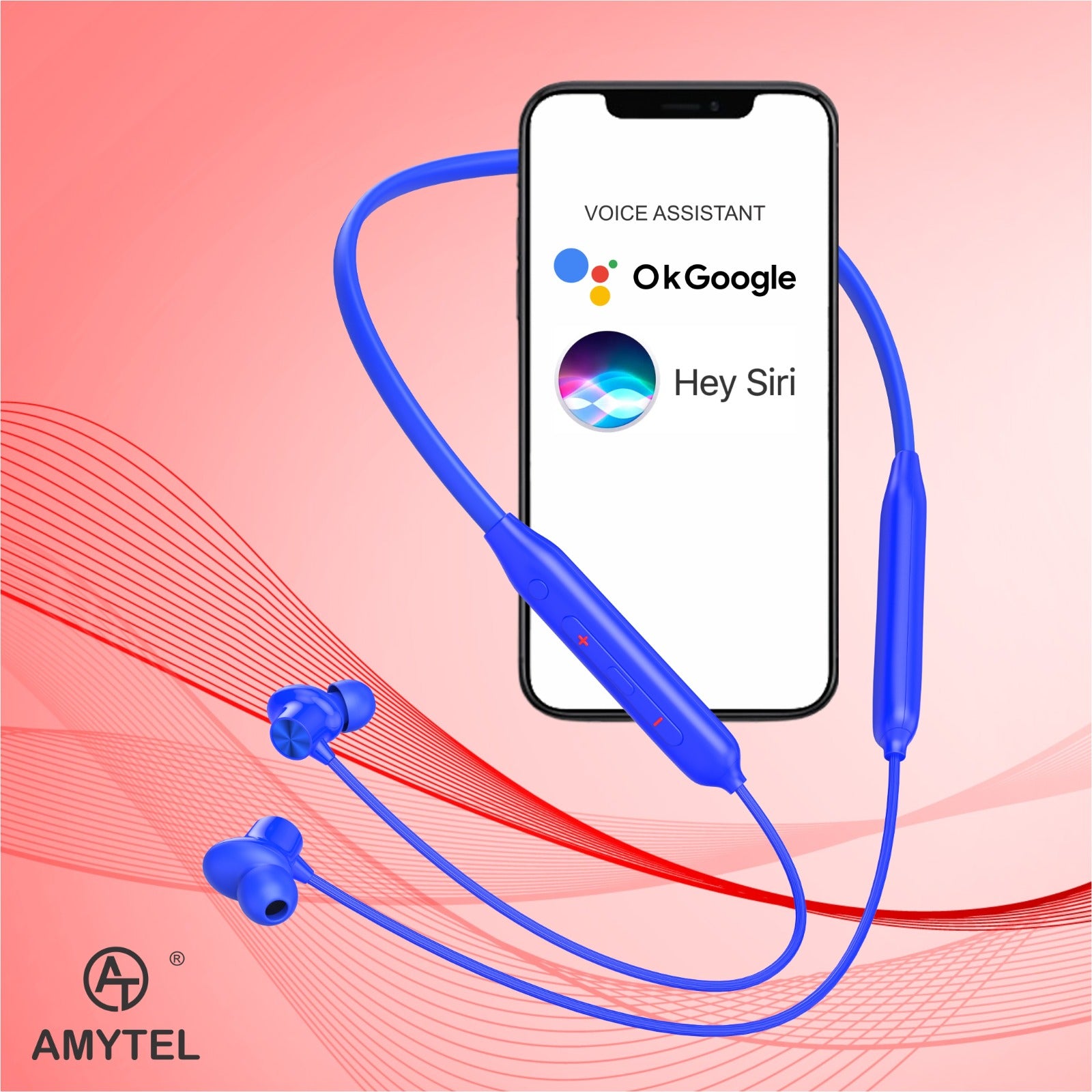 Amytel IPX5 Wireless Neckband Earphones with 25H Playtime & Magnetic Earbuds (Blue)