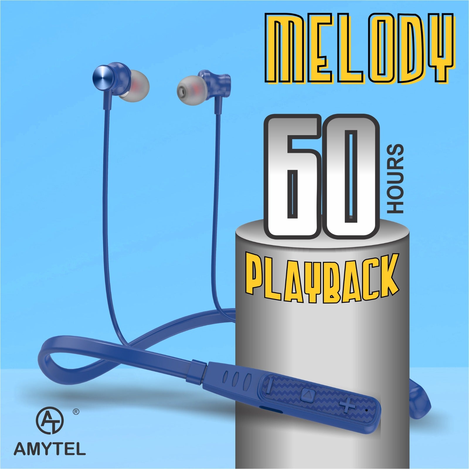 Amytel Melody Wireless Neckband Earphones | Bluetooth v5.4 | 60H Playback | 13mm Bass Driver | IPX5 Waterproof | Dual Pairing (Blue)