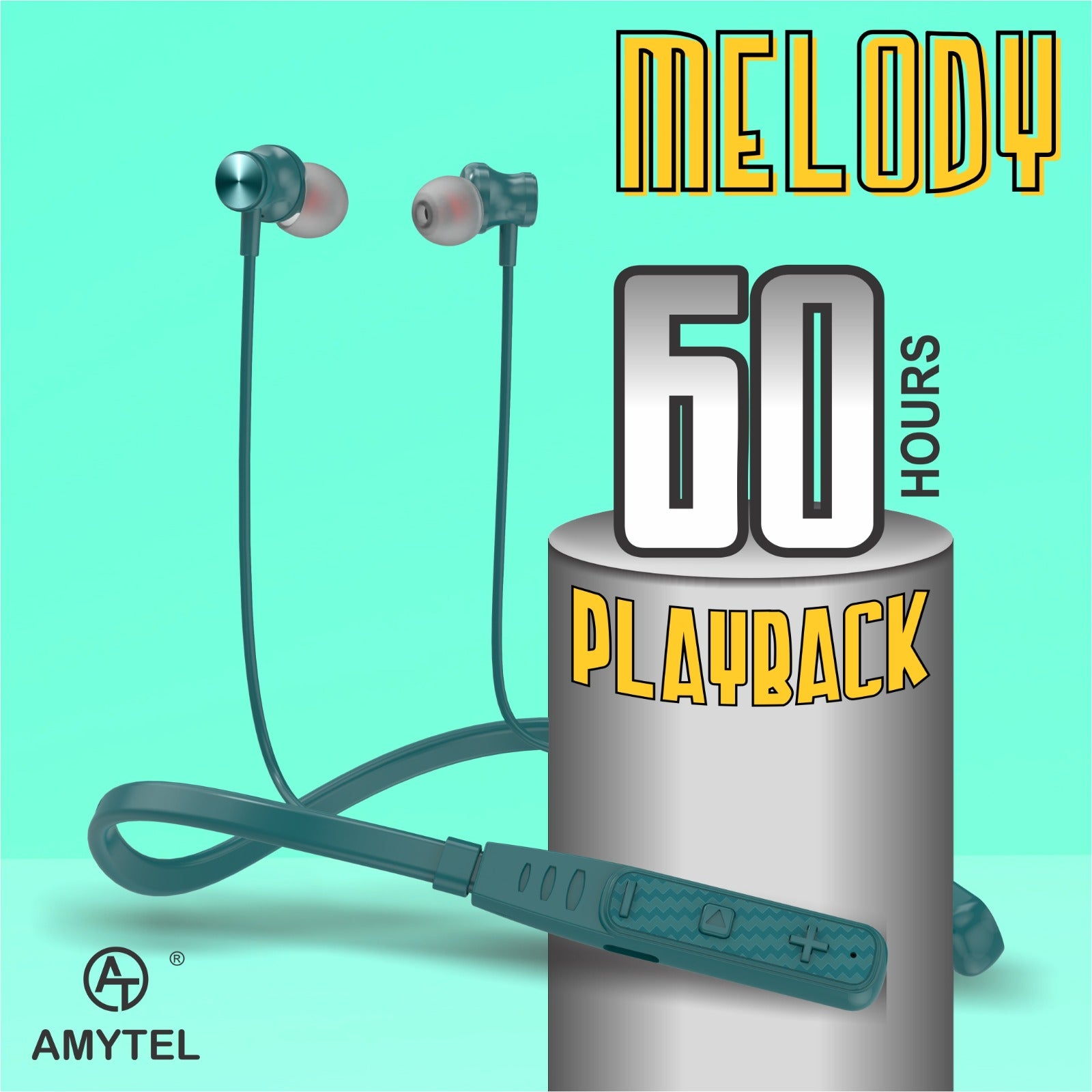 Amytel Melody Wireless Neckband Earphones | Bluetooth v5.4 | 60H Playback | 13mm Bass Driver | IPX5 Waterproof | Dual Pairing (Green)