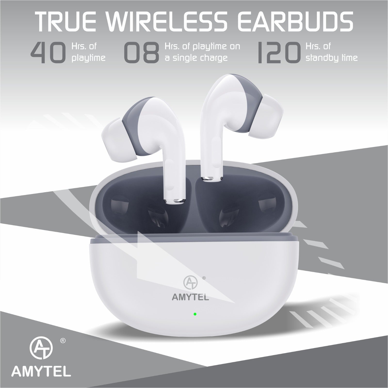 Amytel AeroPods V5.3 True Wireless Earbuds with 40H Playtime & Touch Controls (White)