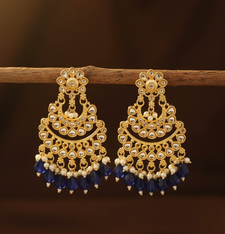 Jazz and Sizzle Gold Plated Kundan Studded & Royal Blue Pearl Drop Chandbali Earrings