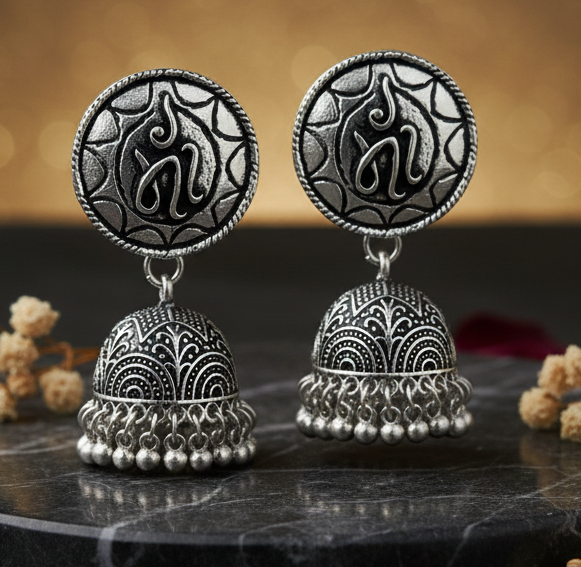 Jazz and Sizzle Silver Plated Oxidised "MAA" Everyday Jhumka Earrings