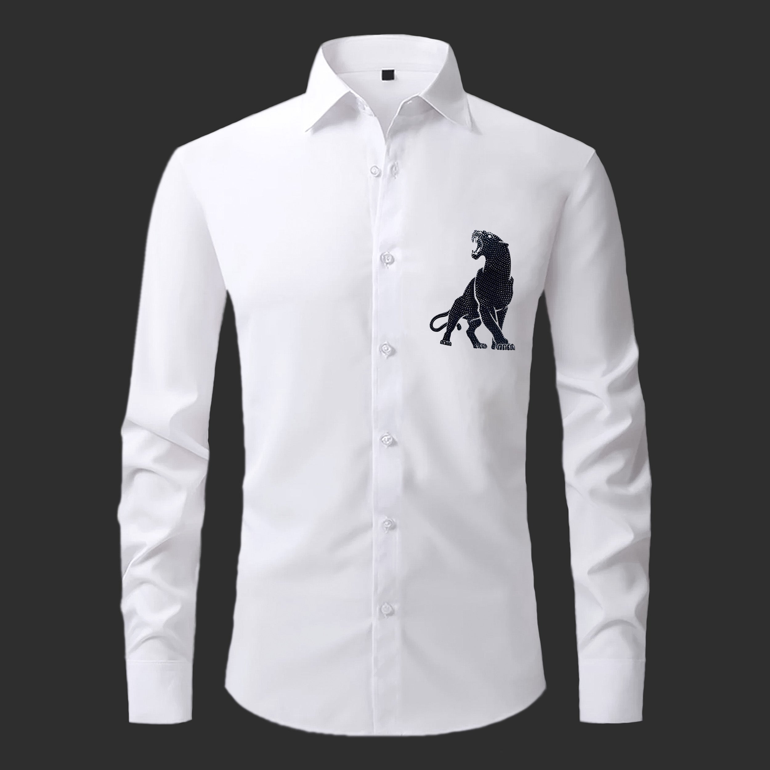 White shirt with black lion emblem on a black background