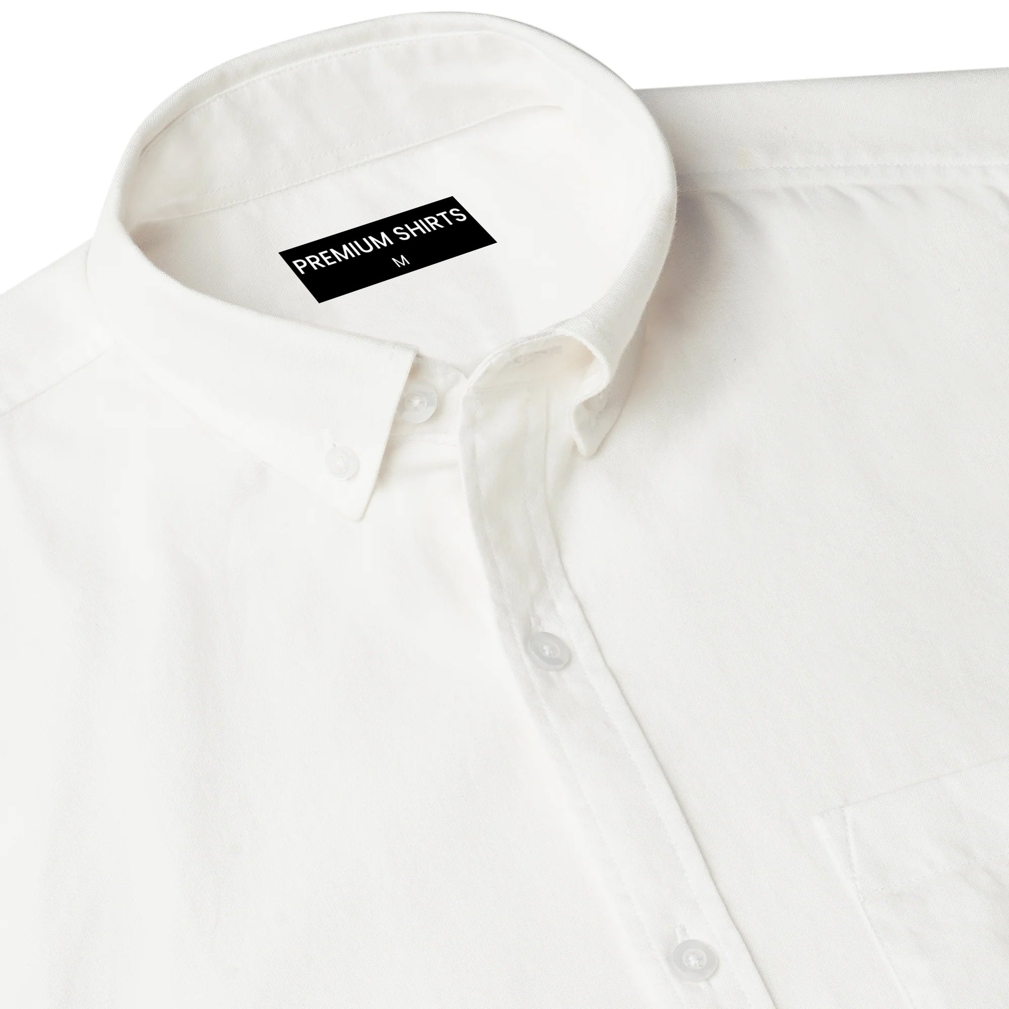 Close-up of a white shirt with a 'Premium Shirts' label on a white background