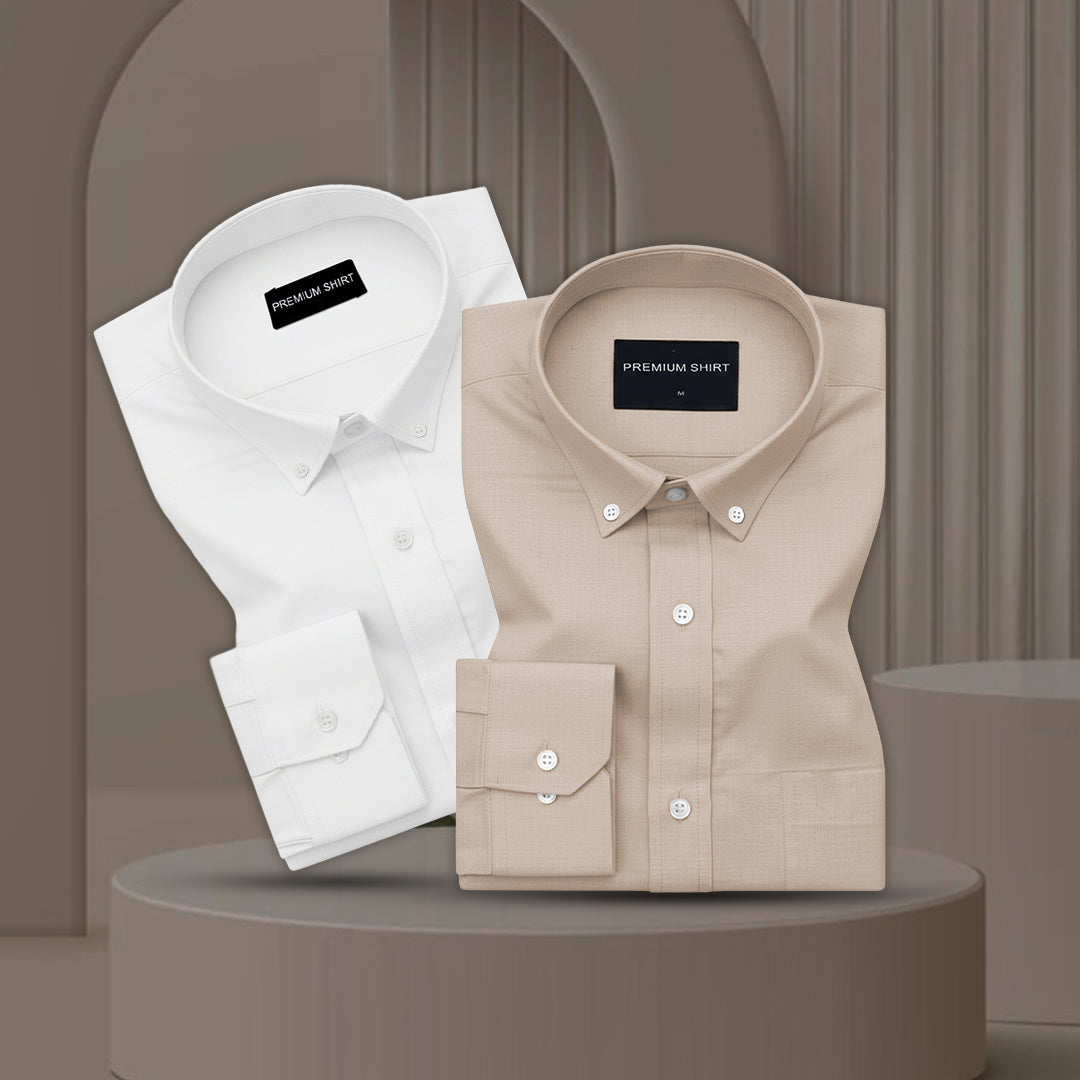 Pack of 2 Oxford Cotton Shirt For Men (White & Beige)