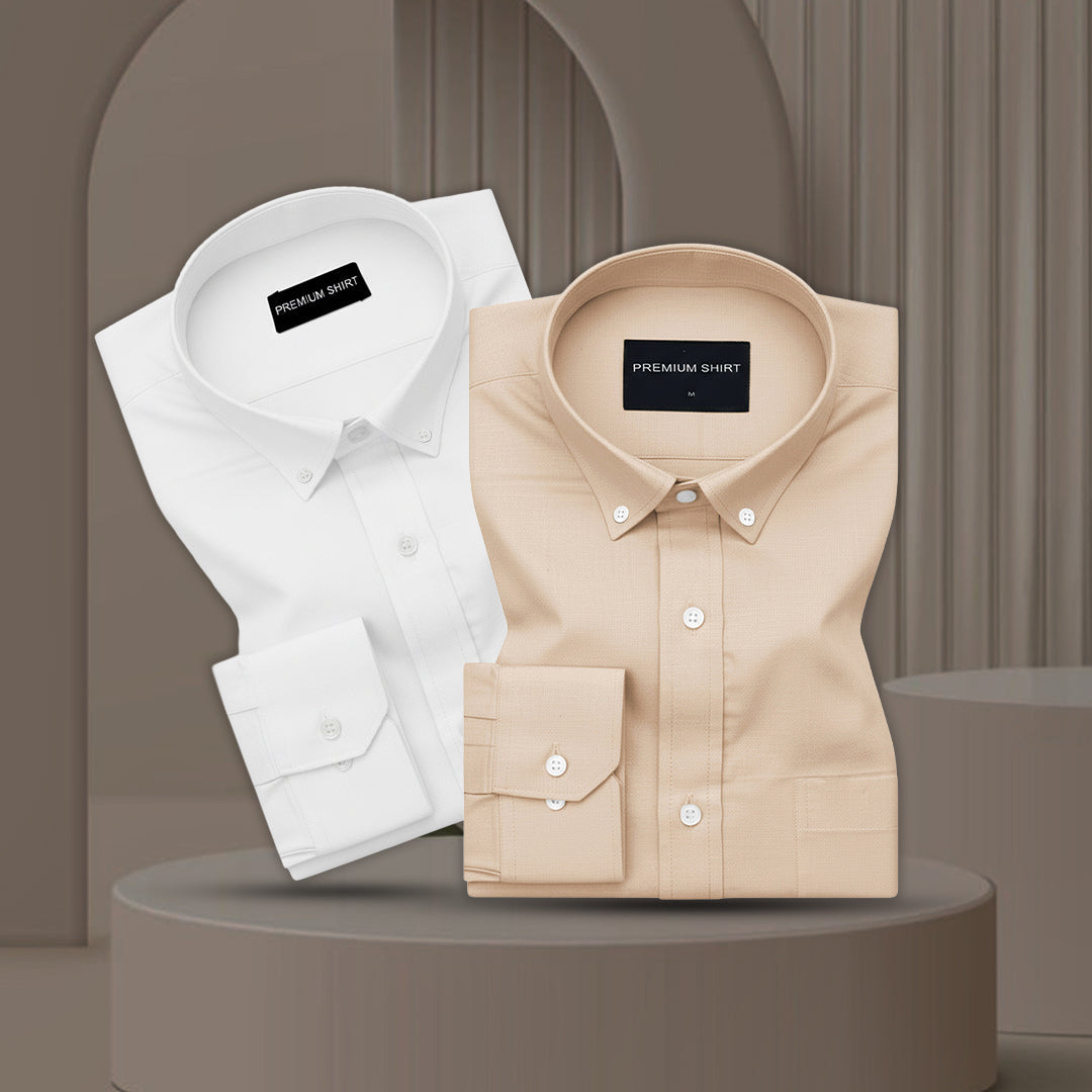 Pack of 2 Oxford Cotton Shirt For Men (White & Cream)