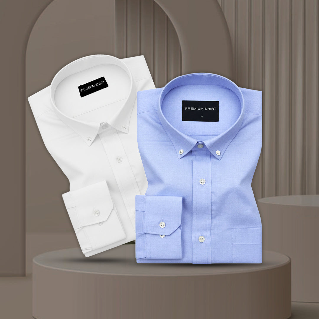 Pack of 2 Oxford Cotton Shirt For Men (White & Denim Blue)