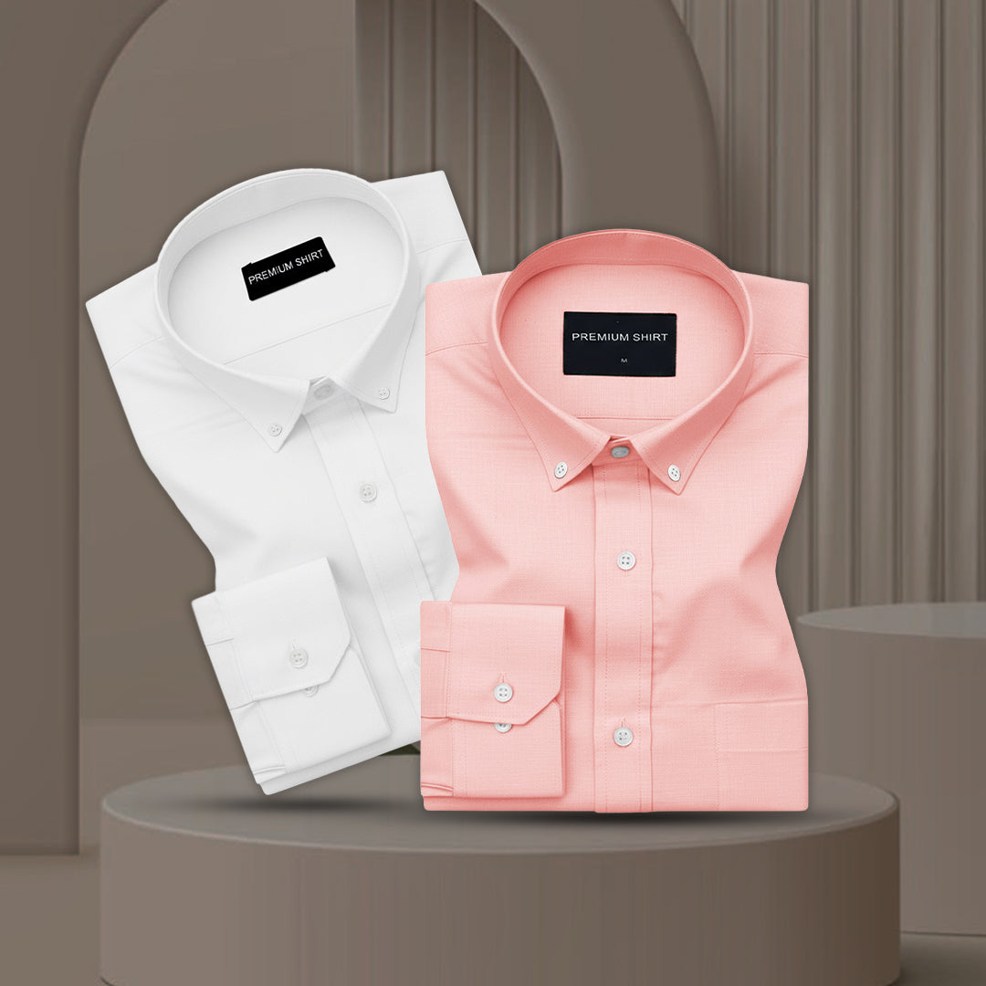 Pack of 2 Oxford Cotton Shirt For Men (White & Peach)