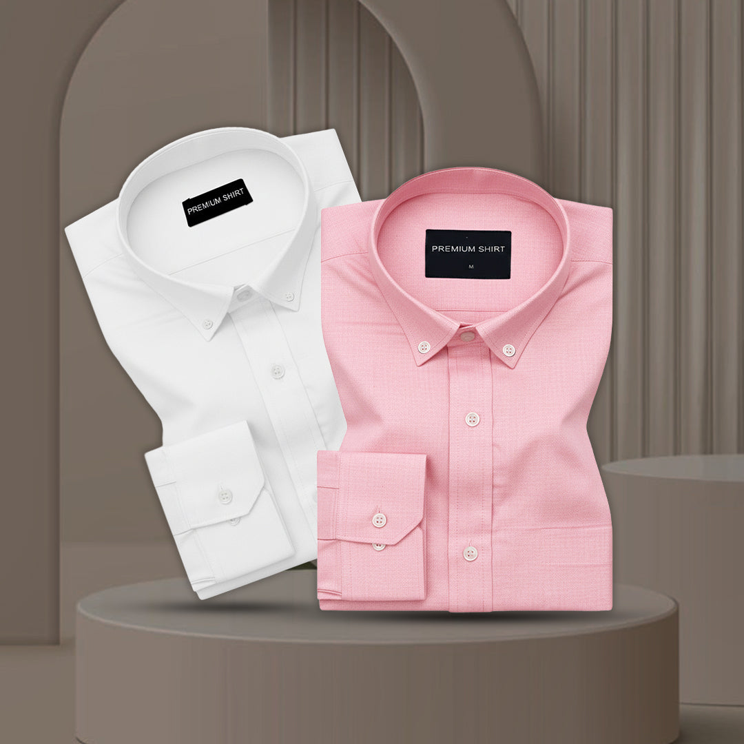 Pack of 2 Oxford Cotton Shirt For Men (White & Pink)