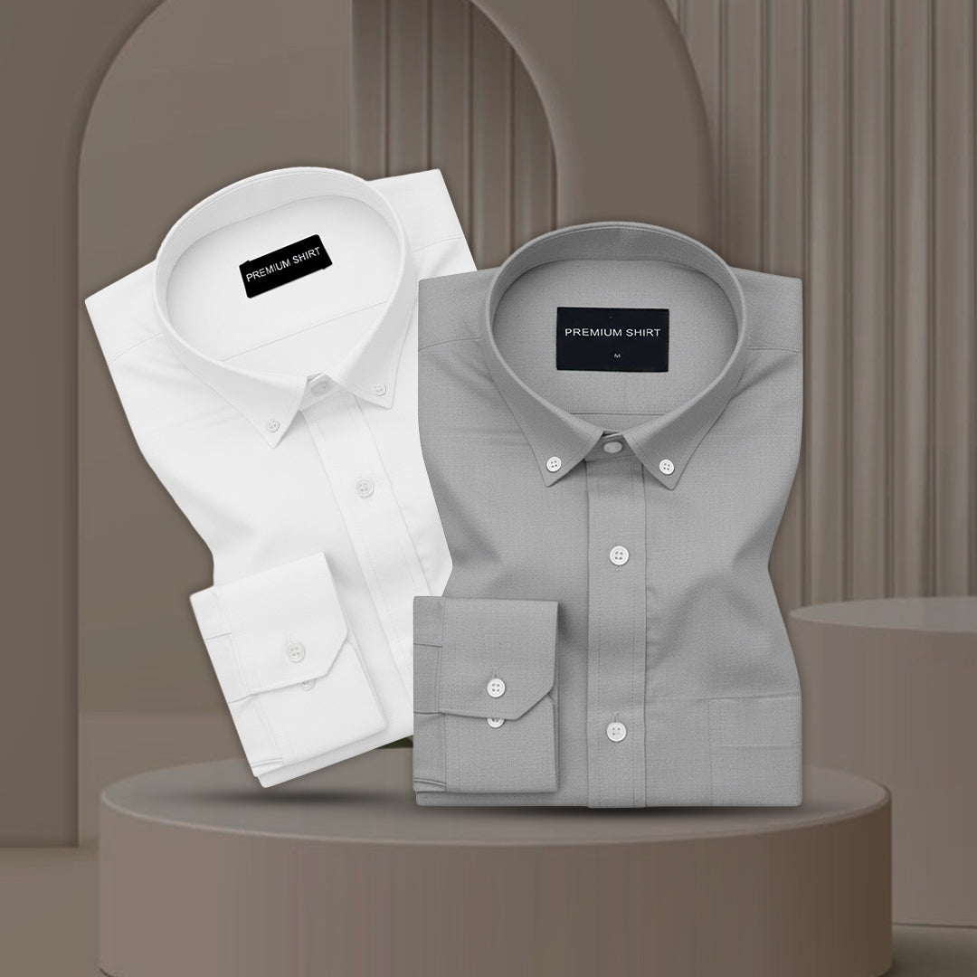 Pack of 2 Oxford Cotton Shirt For Men (White & Silver)