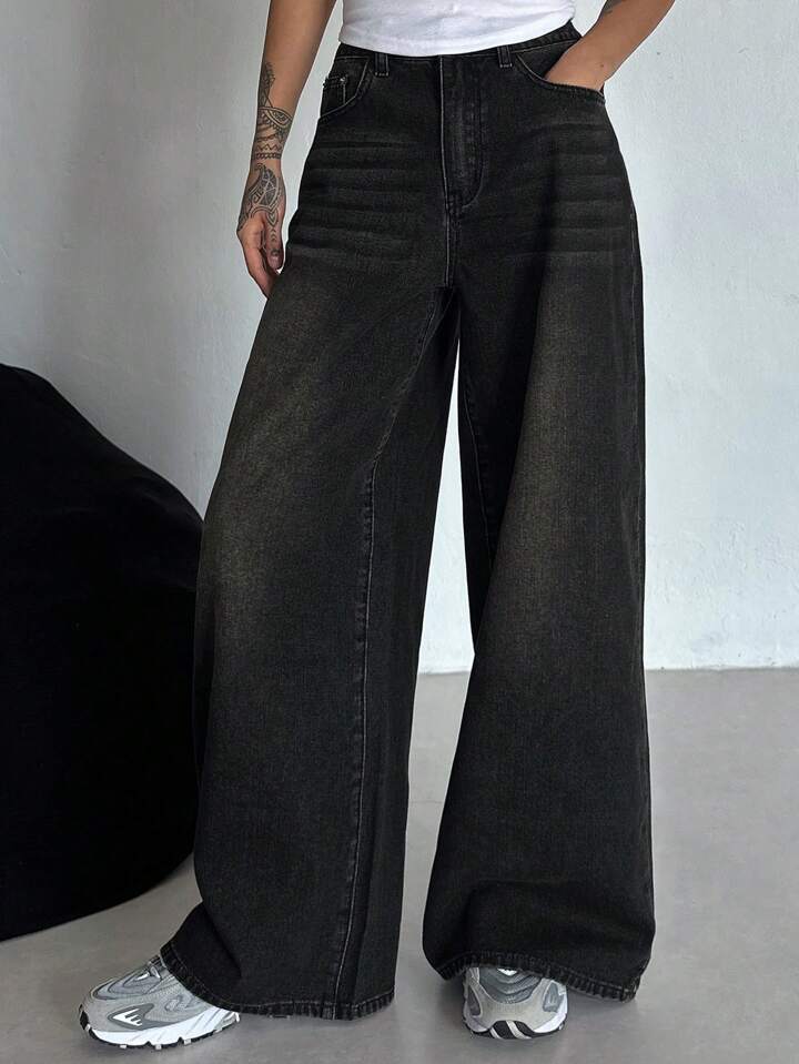 Acid Whisker Washed black super wide leg jeans