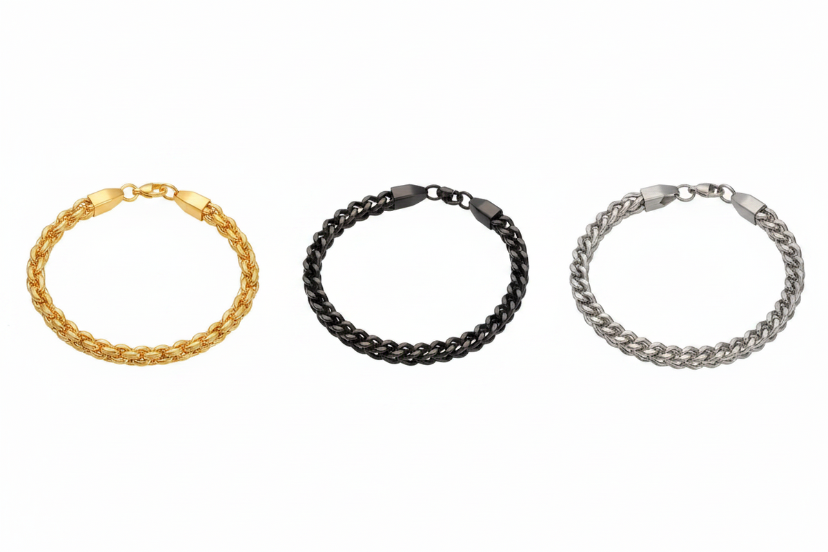 Jazz And Sizzle Set Of 3 Gold, Black & Silver Plated Men’s Premium Stainless Steel Chain Link Bracelet Combo