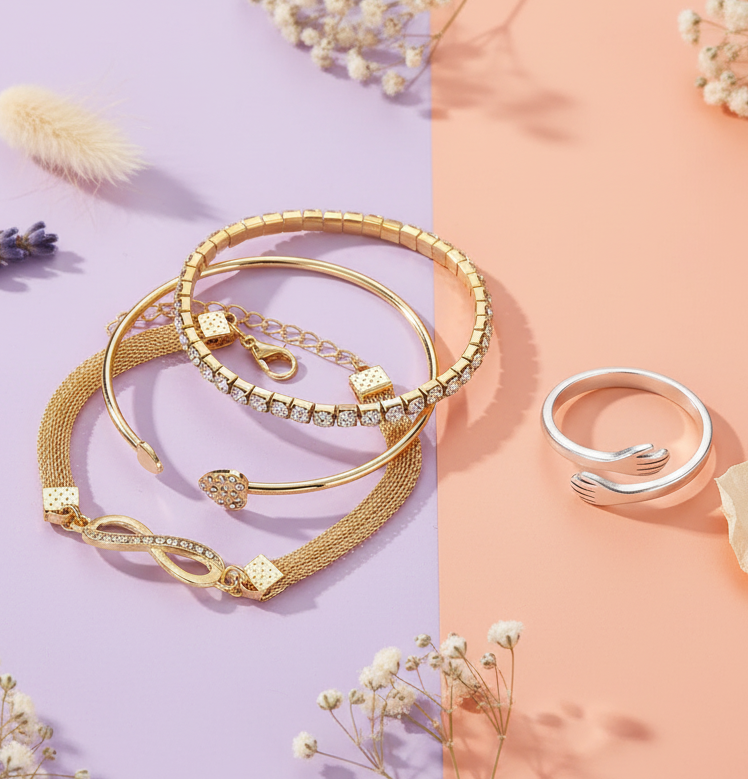 Hug Rings Cuff Wrap Around Hand Love and Gold Plated CZ Studded Infinity & Heart Shaped Stacking Bracelet Combo for Women