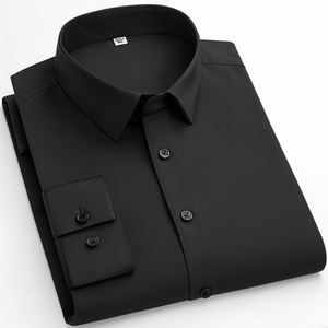 A black cotton blend shirt with a collar, button-up neck, and full sleeves laid out flat.