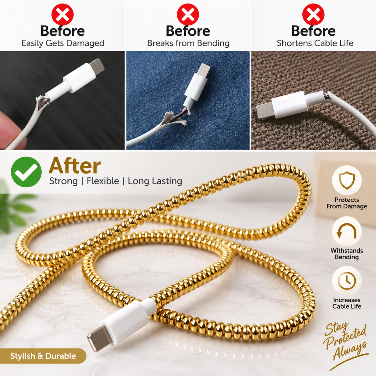 Gold spiral charging cable protector