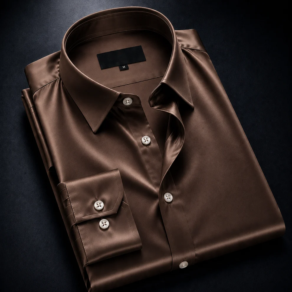 ZAVREN Noir Satin Shirt - Coffee Brown