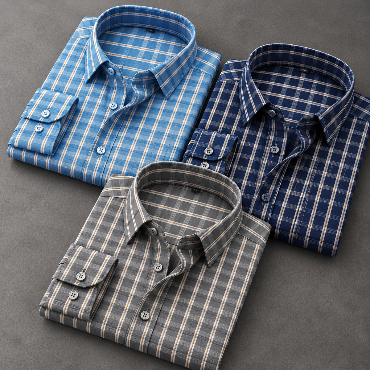 Men's Checked Shirts – Pack of 3 | Sky Blue, Navy & Grey